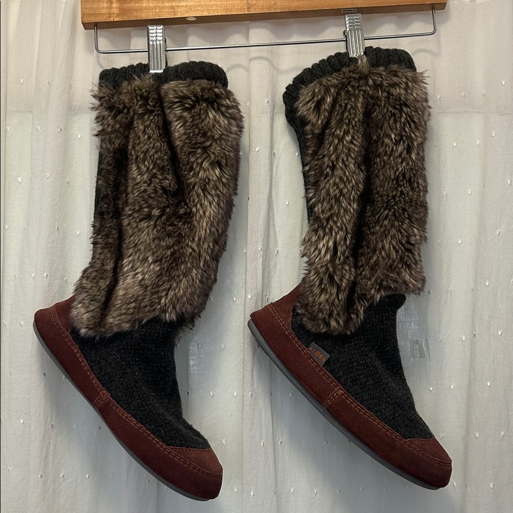 Acorn Slouch Boot/Slipper Women’s 5-6 Black/Brown Faux Fur Trim Loungewear - Picture 14 of 14